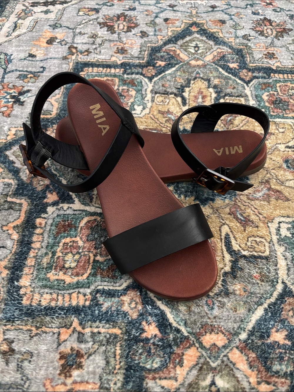 MIA Black Strap Sandals with Brown Footbed